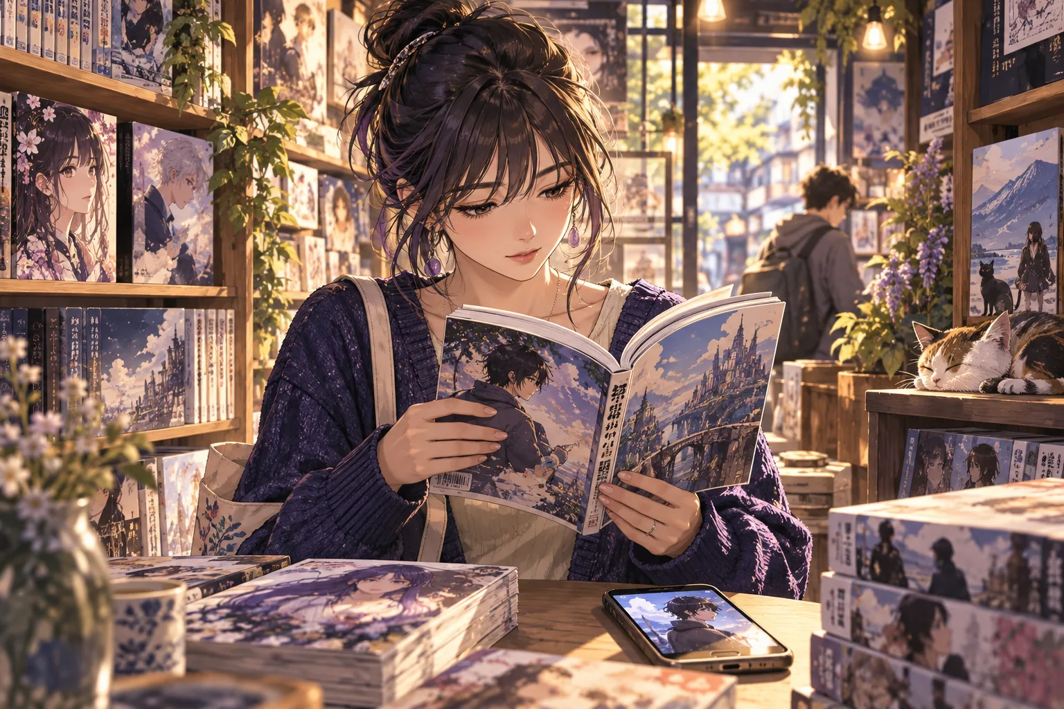 A reader browses an illustrated book inside a warmly lit manga bookshop