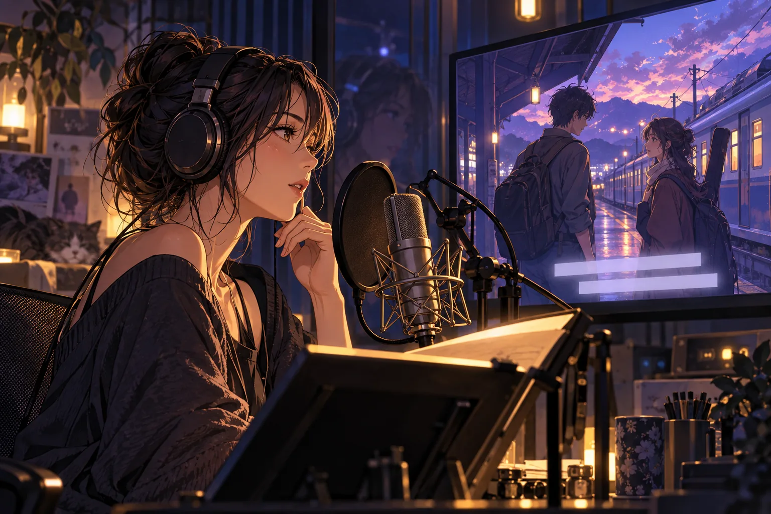 A voice performer wearing headphones watches an animated train-platform conversation from a studio microphone