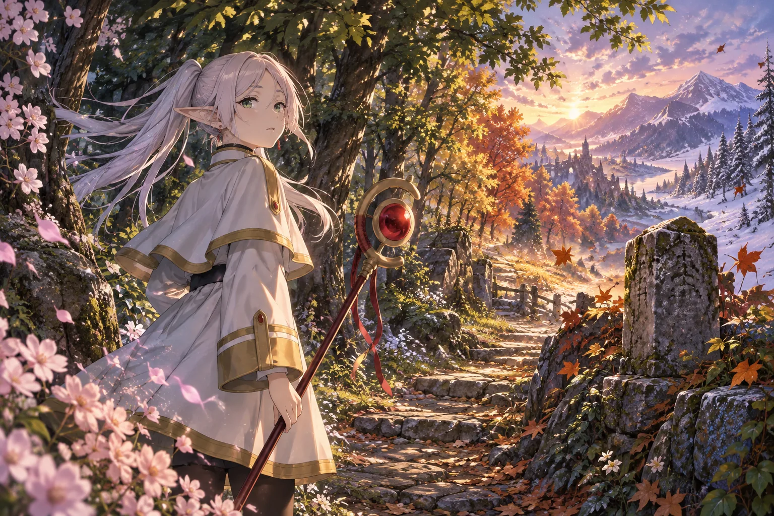 Frieren holds her red-orbed staff on a forest path that passes through spring blossoms, green foliage, autumn leaves and distant snow