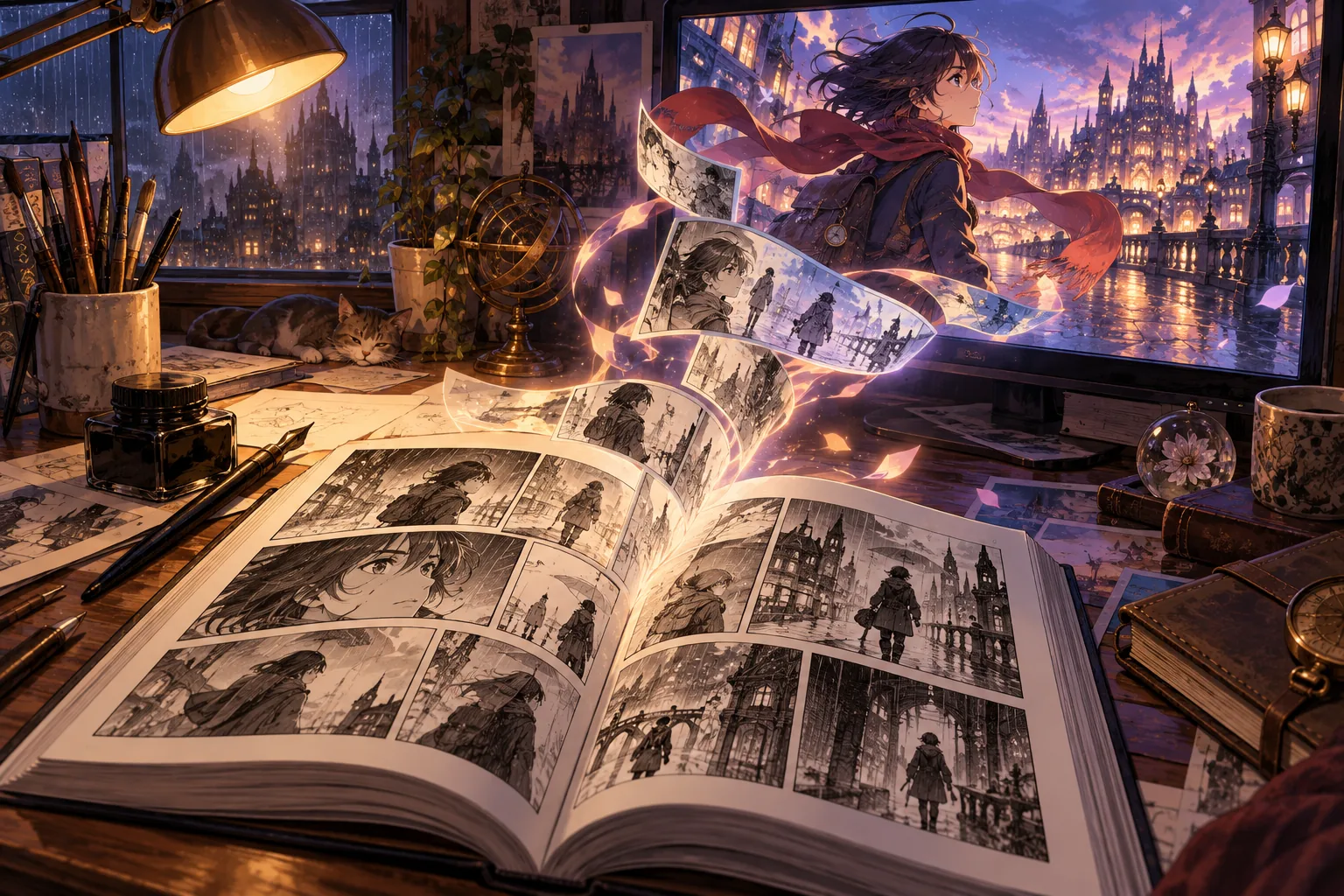 An open manga on an artist’s desk sends a flowing ribbon of panels into a glowing city scene on a screen