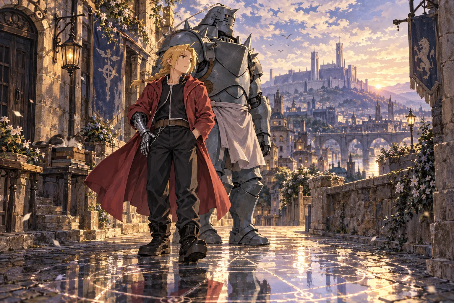 Edward and Alphonse Elric stand together on a cobbled street