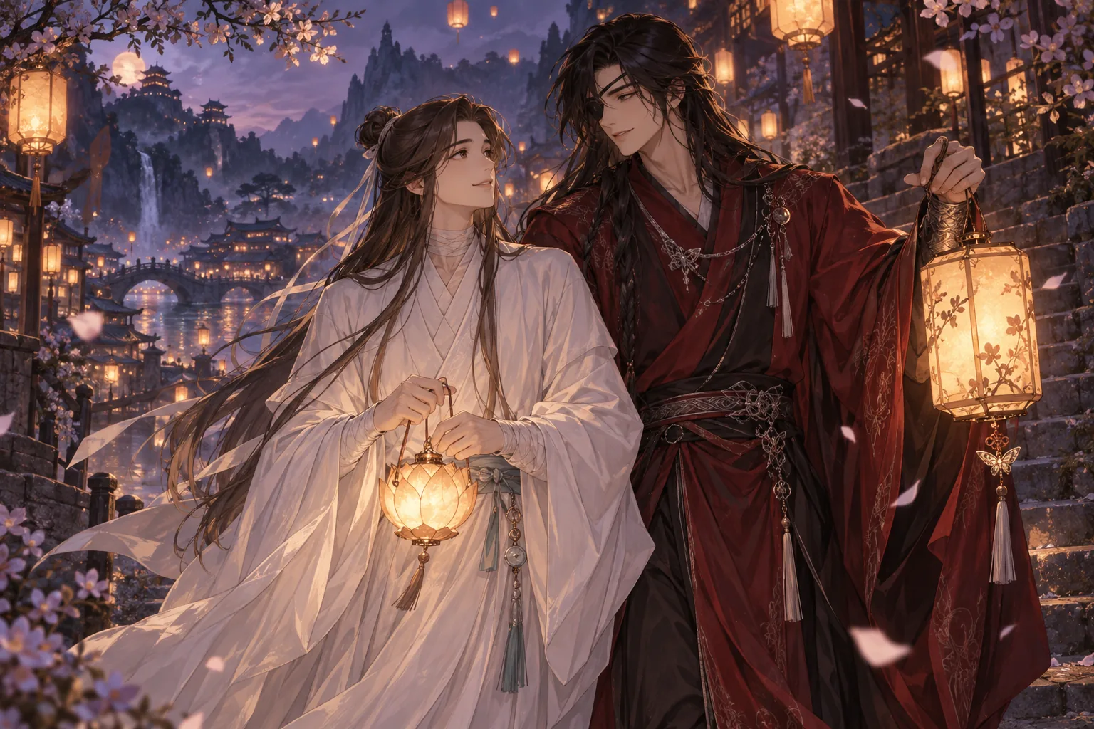 Xie Lian in white and Hua Cheng in red stand beneath glowing lanterns at twilight