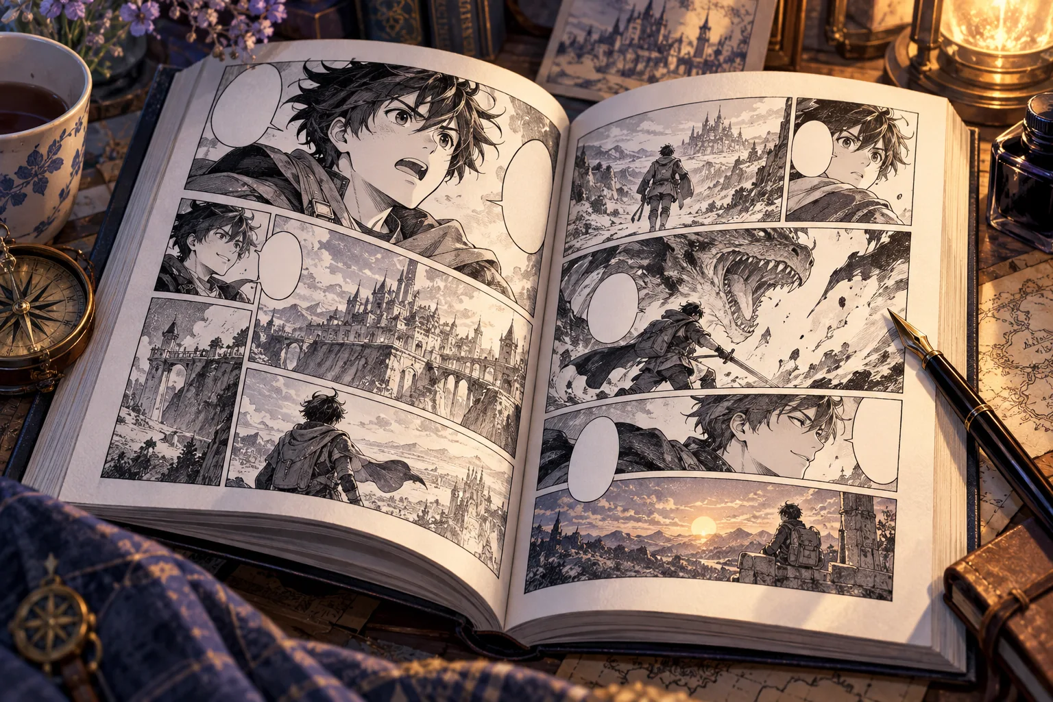 An open illustrated manga showing rectangular panels and empty speech balloons on a warmly lit desk