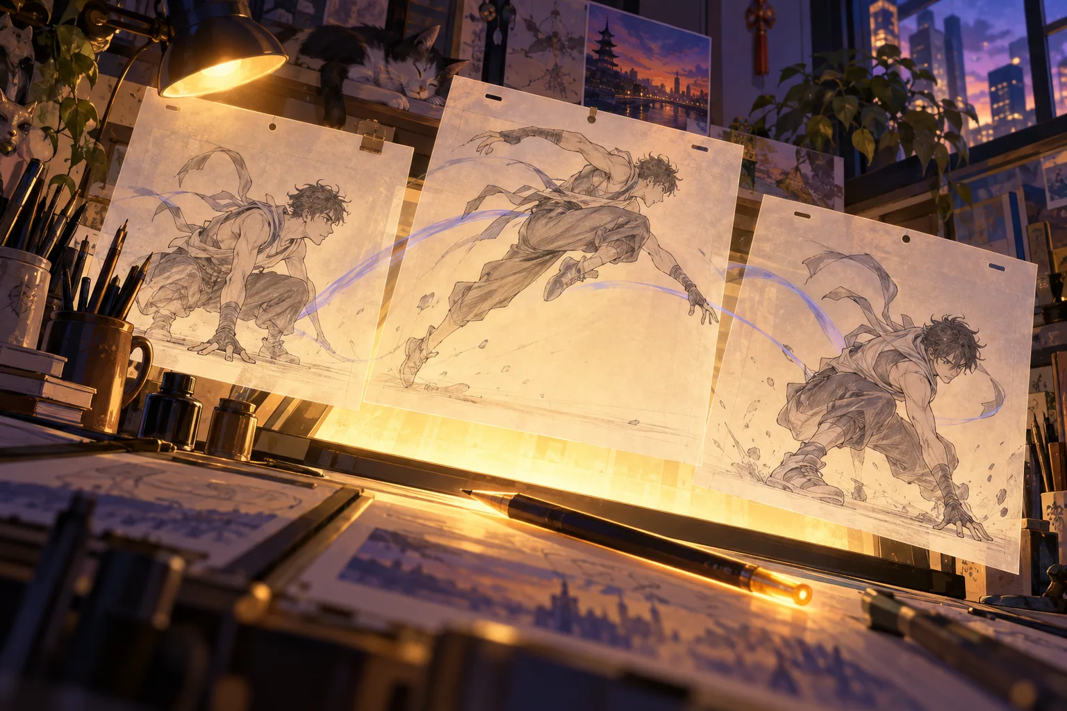 Three animation drawings on a lightbox show one character crouching, leaping and landing