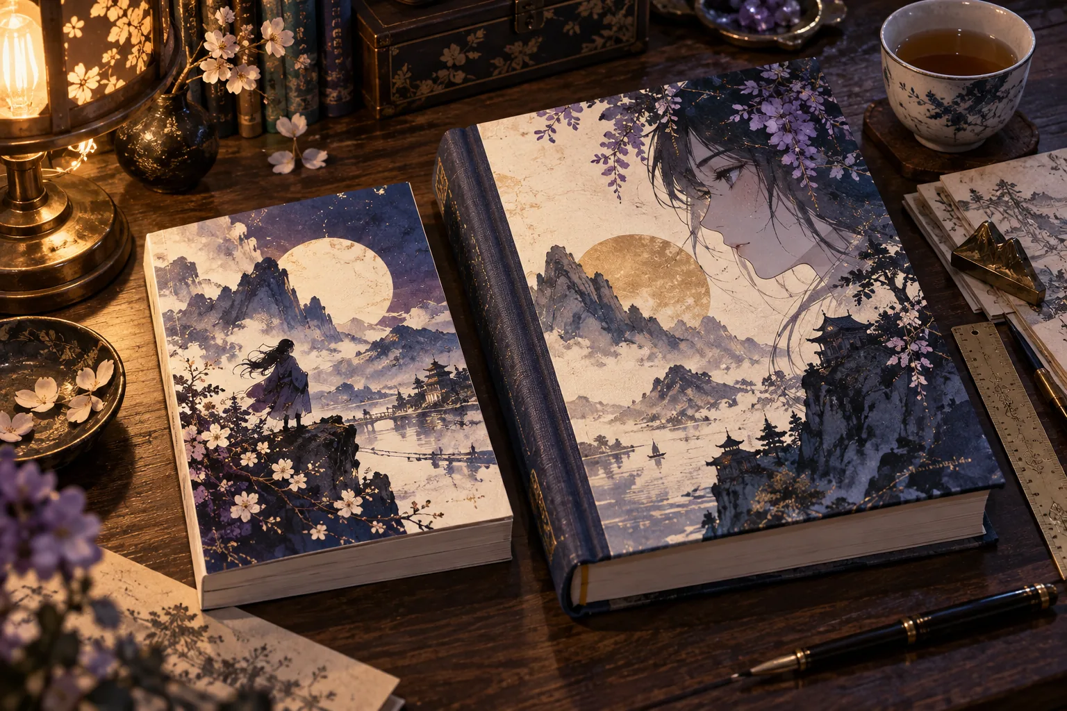 A compact paperback and a larger hardcover with illustrated covers placed side by side