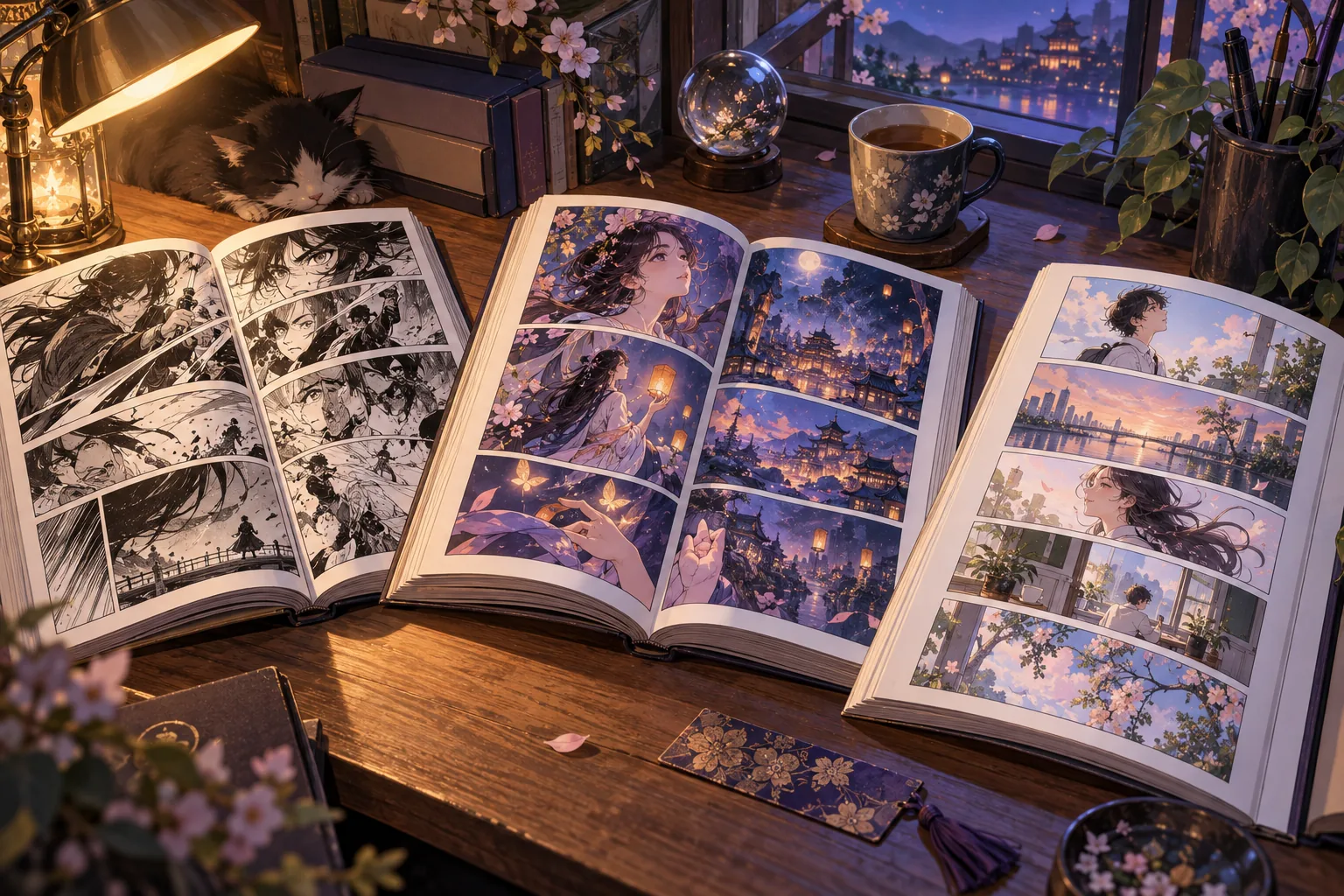 Three open illustrated comics on a desk show contrasting panel layouts and color treatments
