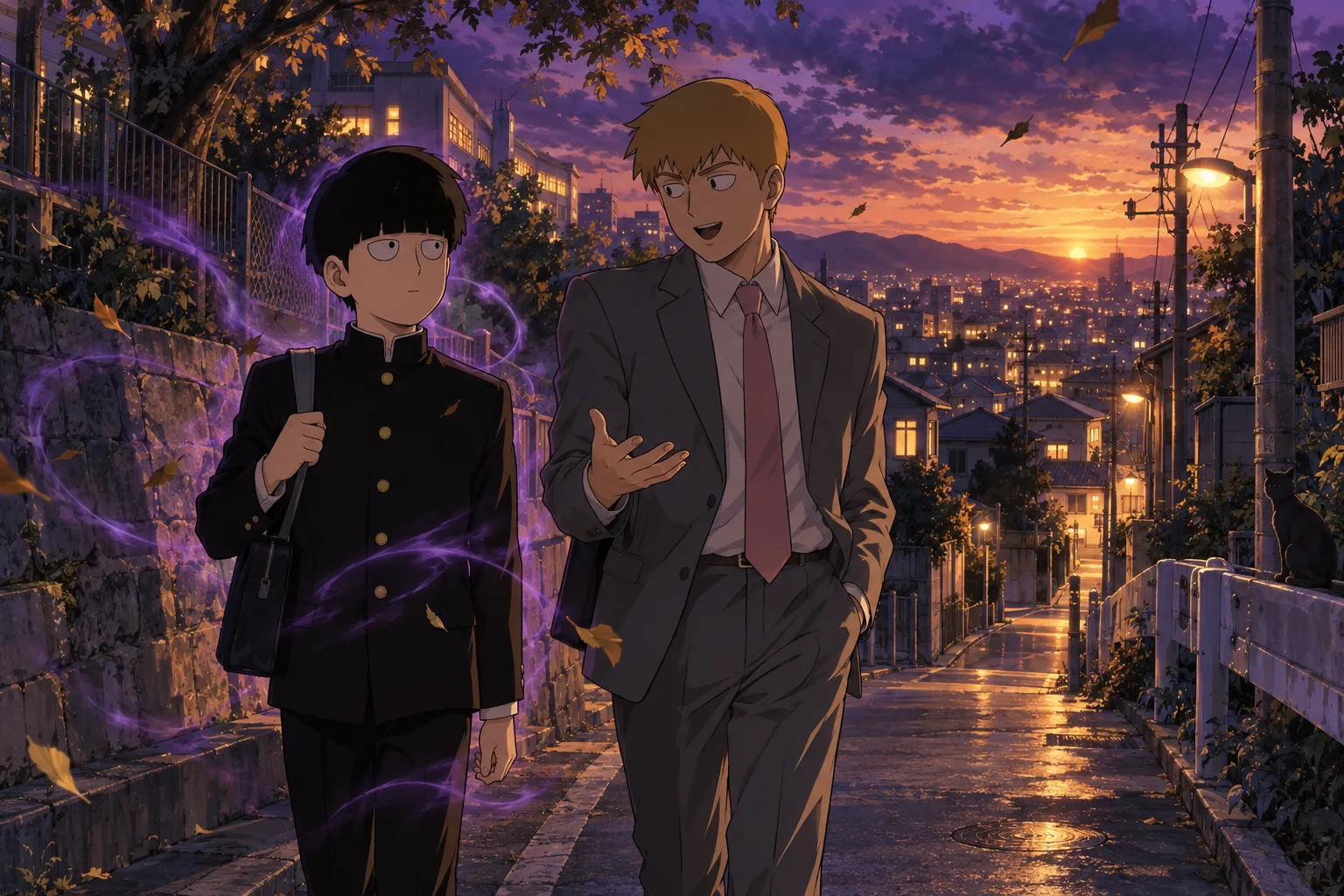 Shigeo Kageyama and Reigen Arataka stand on a school street at dusk surrounded by a violet psychic glow