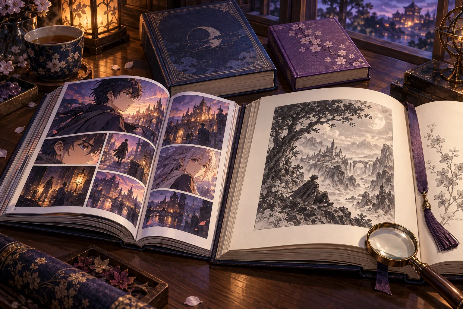 Open books and neatly stacked editions invite a close comparison of comic layouts and publication formats