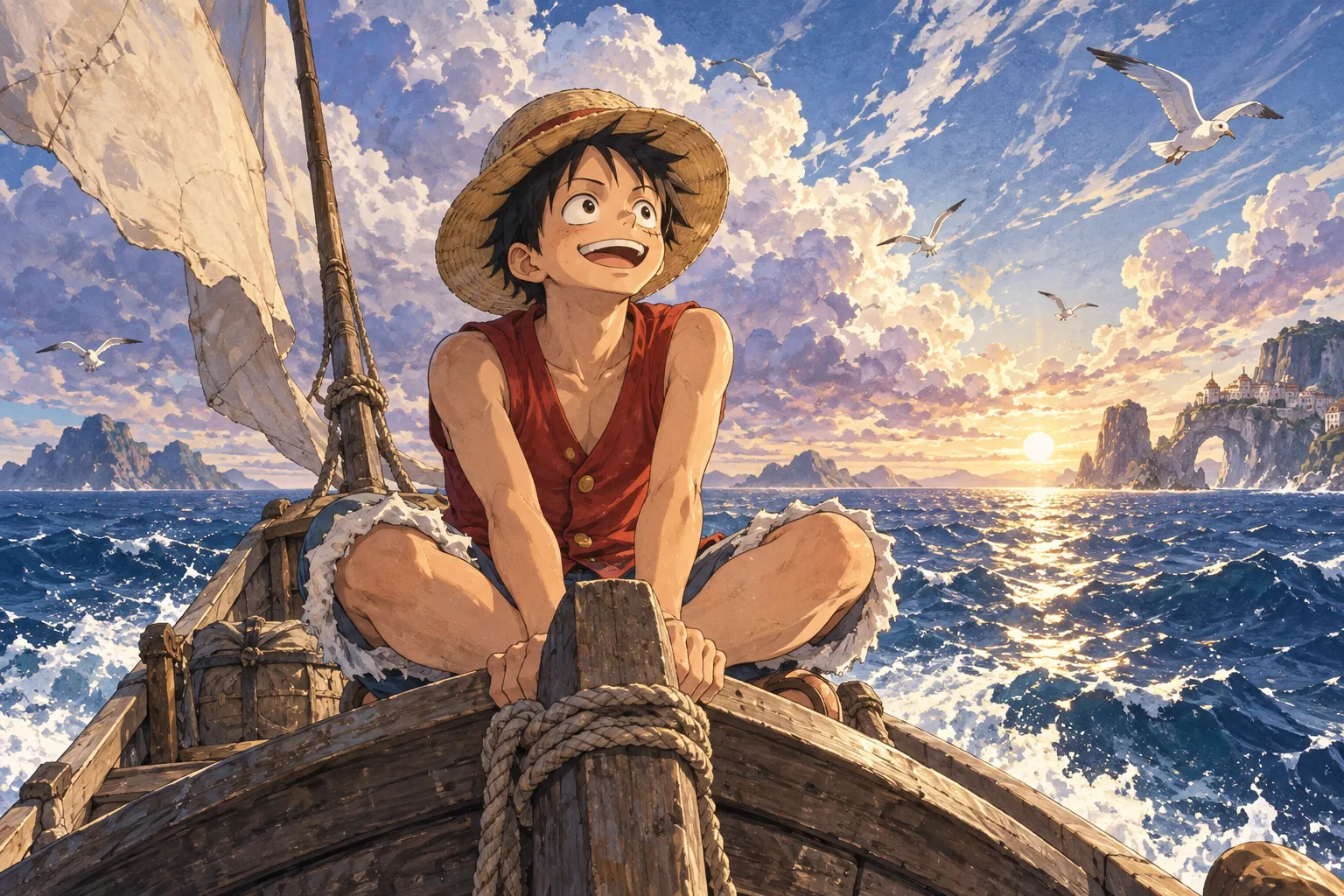 Luffy in his straw hat sits at the bow of a small boat on a sunlit sea