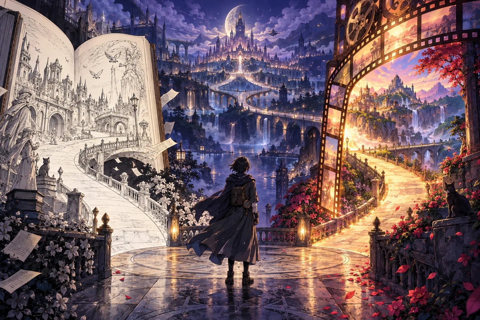 A lone traveler stands between a giant illustrated book and a glowing film-shaped arch above a fantasy city