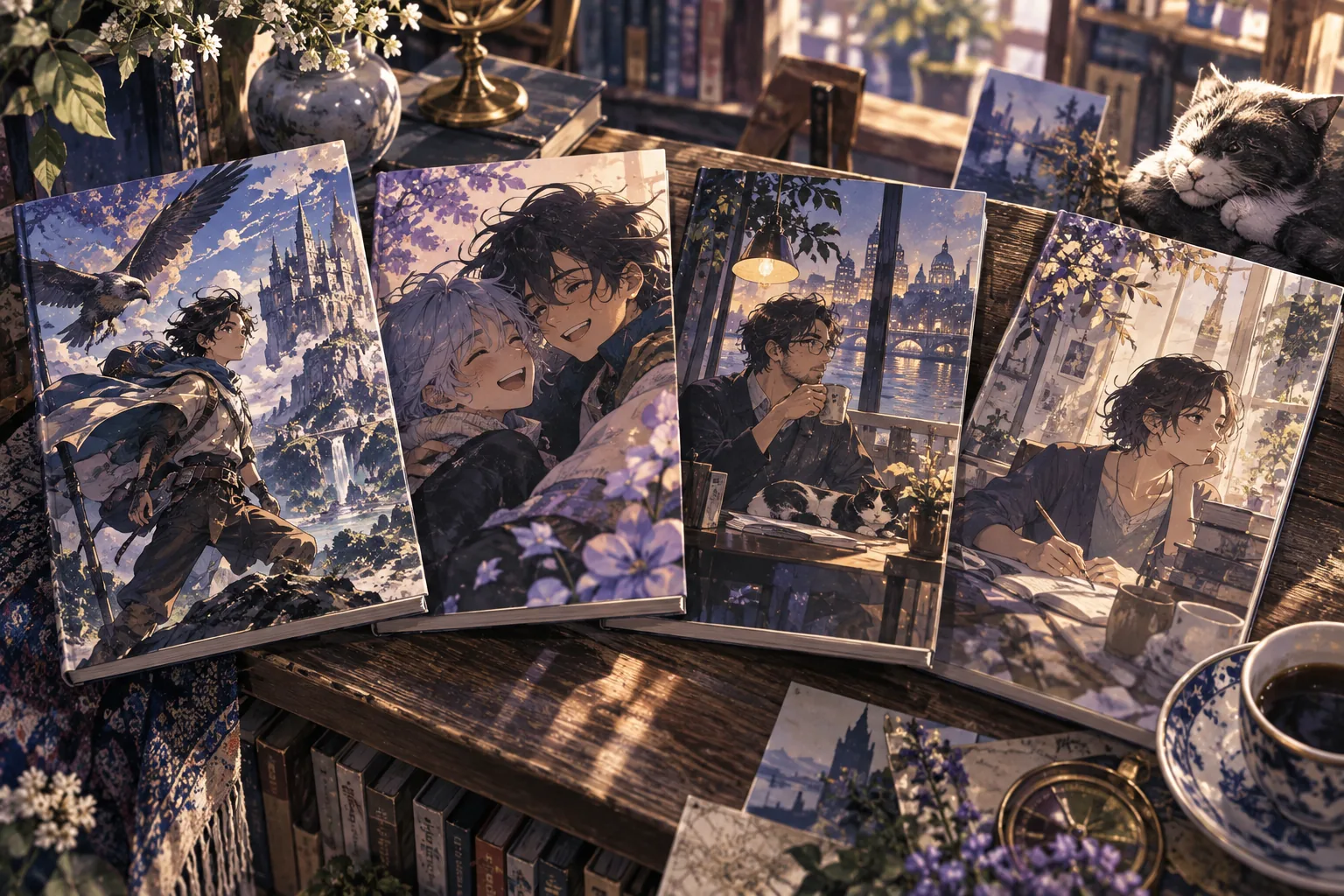Four illustrated comic books with different kinds of stories arranged on a wooden table
