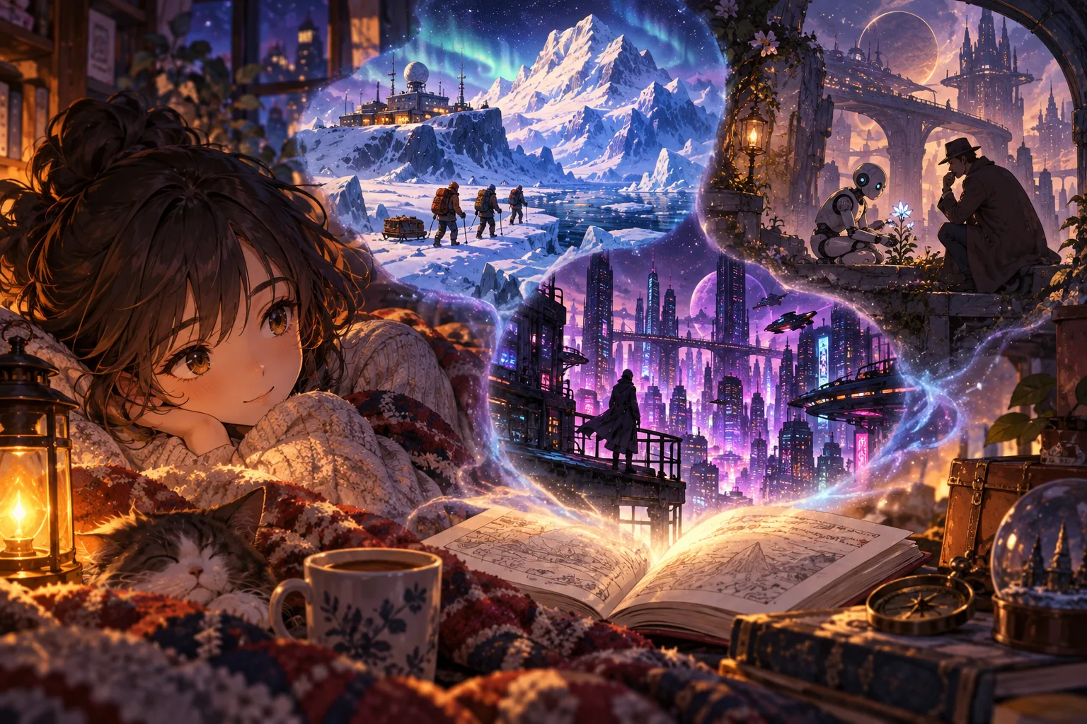 A cozy viewer sits beside three miniature worlds featuring polar travelers, a neon city and a robot detective