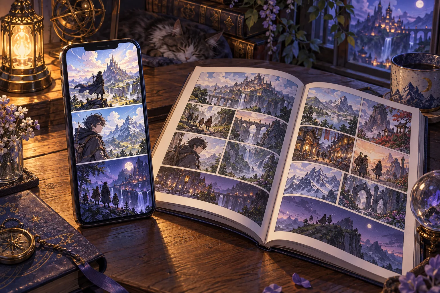 A smartphone displaying a tall color comic rests beside an open printed comic with page-based panels