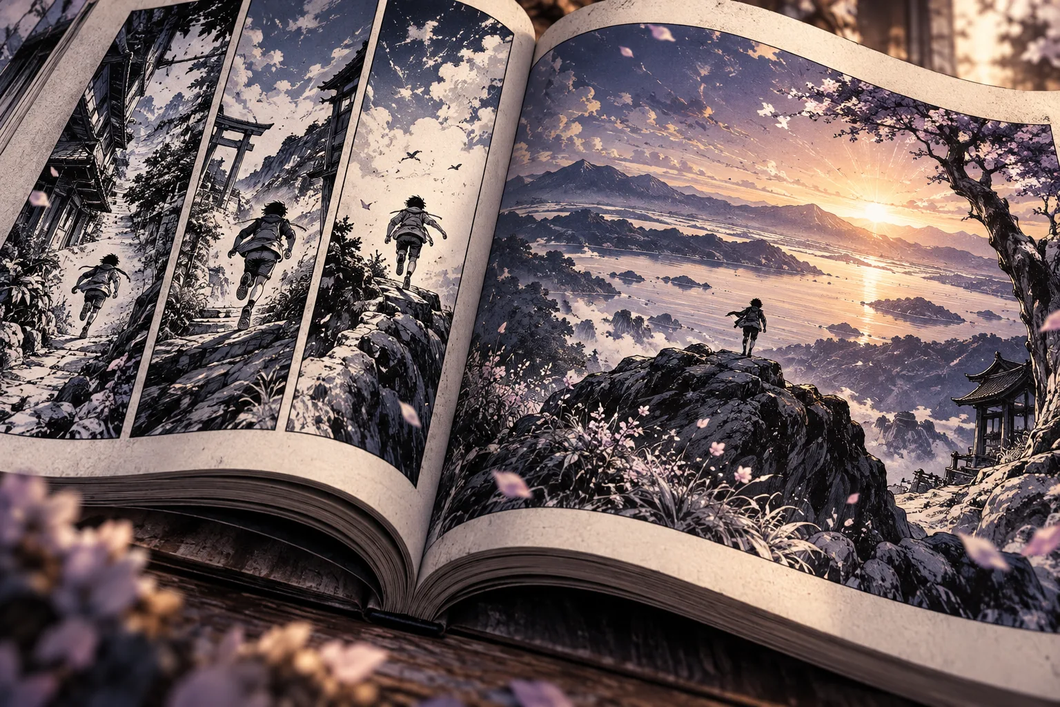 Narrow panels follow a running character before opening into a large quiet landscape