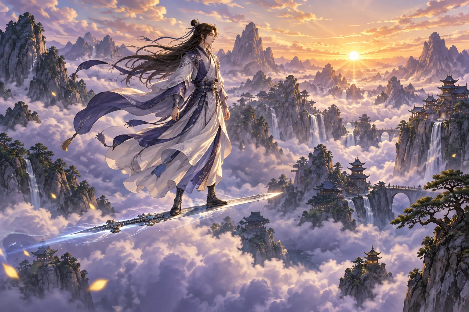A robed cultivator rides a floating sword above misty mountain peaks and amber-lit clouds